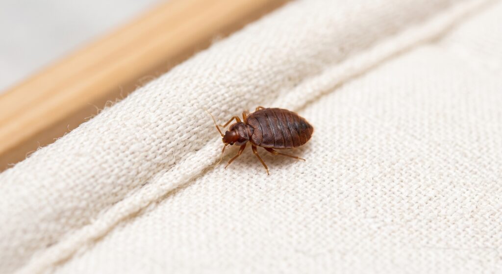 Adult bed bug with a flat, oval, reddish-brown body on a light mattress seam beside small dark droppings
