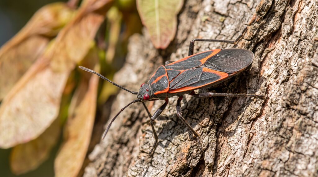 Black boxelder bug adults with red markings clustered with bright red nymphs on a sunny wall