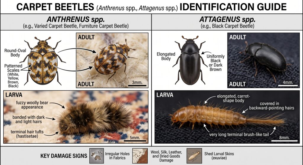 Small black carpet beetle next to its golden-brown, tapered larva with a long brush of rear hairs, on a wool rug