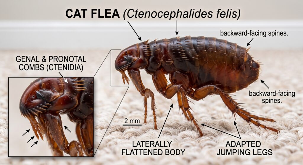 Close-up of a tiny dark reddish-brown cat flea with a body flattened side to side, sitting in light pet fur