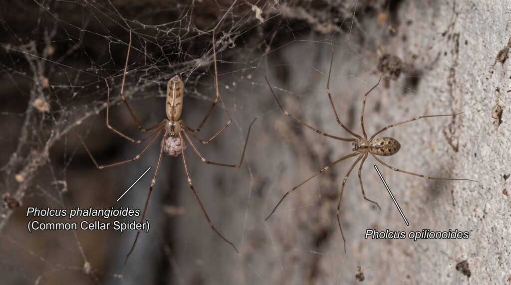 Pale cellar spider with a long, narrow body and very thin legs hanging upside down in a loose basement ceiling web