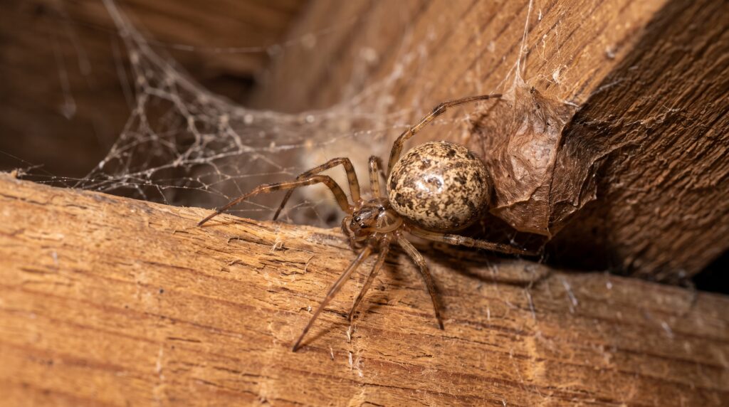 Small common house spider with a round, mottled brown abdomen hanging in a tangled corner web beside a brown egg sac