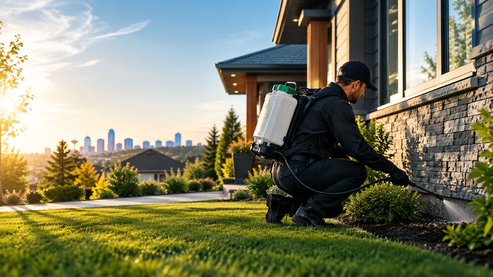 Technica Pest Solutions technician applying a perimeter treatment along the foundation of an Alberta home at sunset