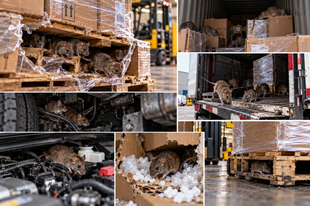 Norway rat beside a pallet in a warehouse loading area