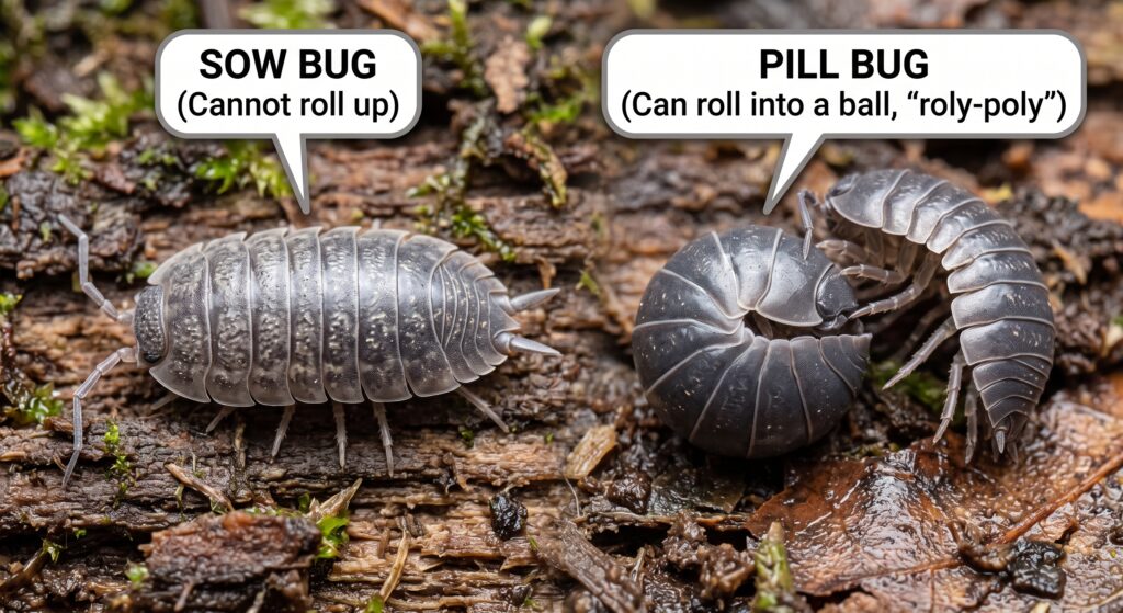 Grey sow bug beside a pill bug rolled into a ball on damp soil next to a house foundation