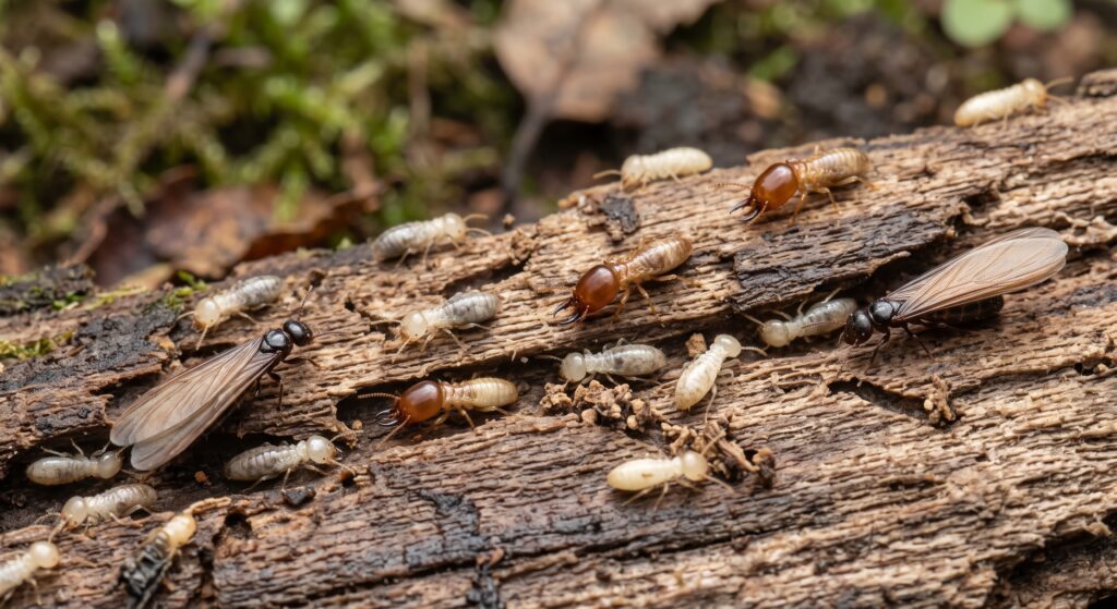 Winged termite swarmer with four equal-length wings and straight antennae beside a creamy white termite worker